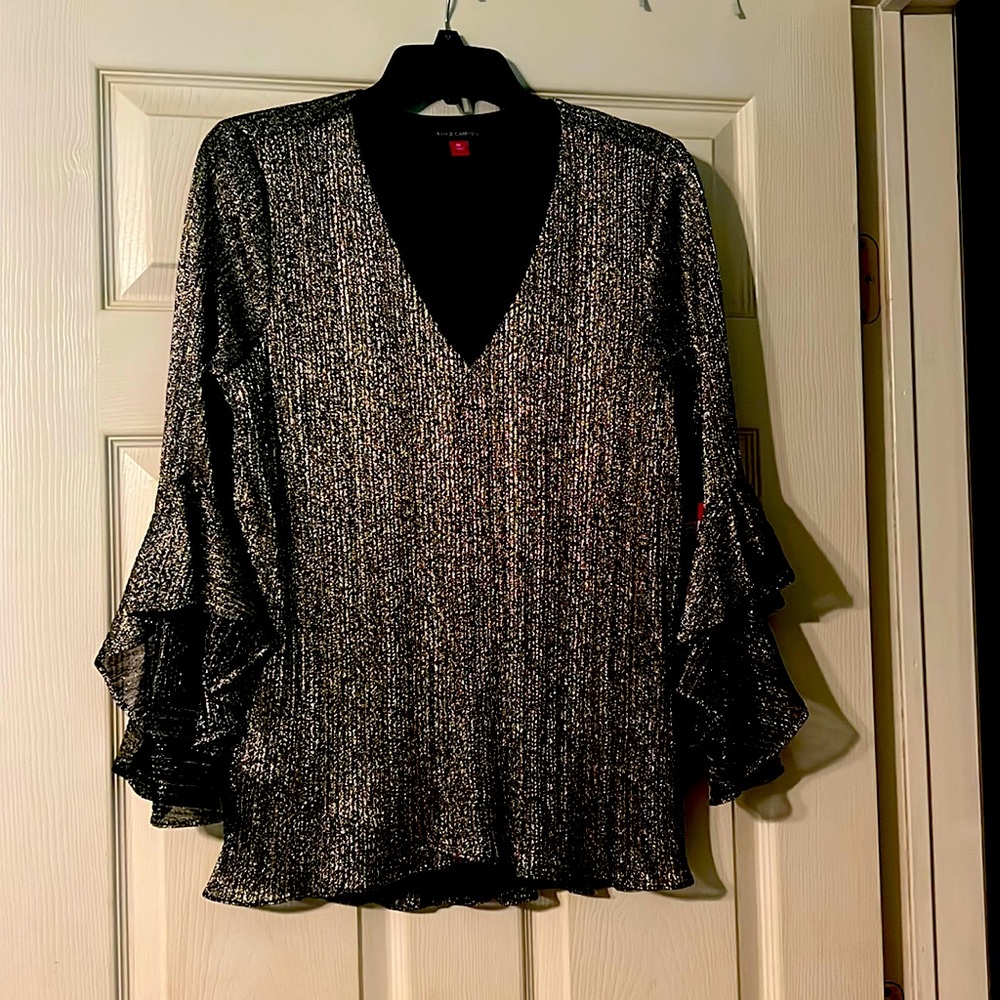 Vince Camuto Shimmer Foil Double Layer Hem Blouse. NWT. Size M. Rich Black. New!